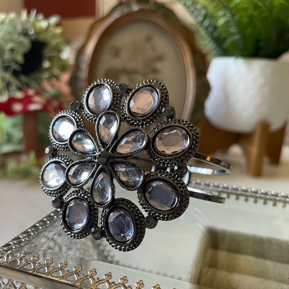 Large flower gem hinge cuff bracelet
